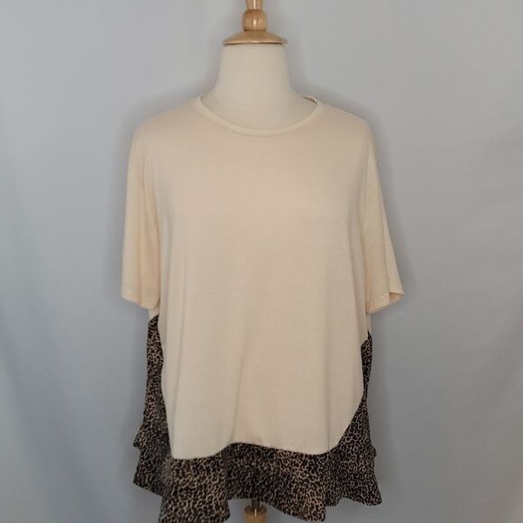 MISSLOOK Cream Top with Animal Print Hem - Picture 1 of 10